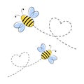 Bee flying on a dotted route in heart shape. Lovely bees characters set. Royalty Free Stock Photo